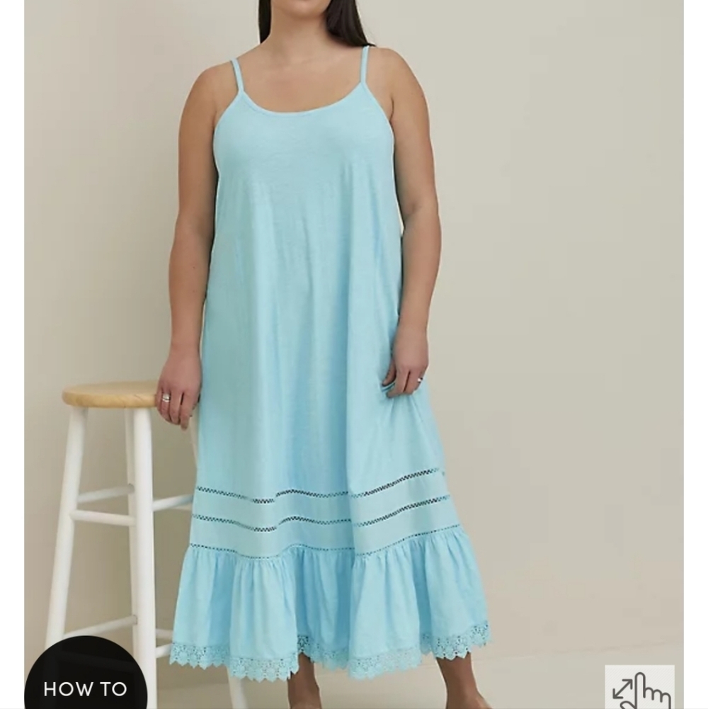 🆕️ 2X BLUE CROCHET TRIM MAXI DRESS / NIGHTIE / COVER UP - SLUB COTTON